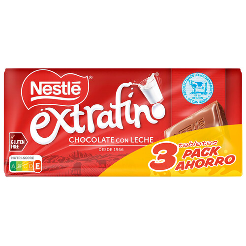 Chocolate con leche NESTLÉ EXTRAFINO 3 uds. de 125 g.