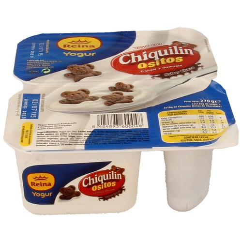 REINA Yogur natural azucarado sabor chocolate y con ositos de galleta (Chiquilin) 2 x 135 g.