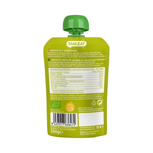 SMILEAT Bolsita de fruta (aguacate y arándanos) ecológica, a paritr de 6 meses 100 g.