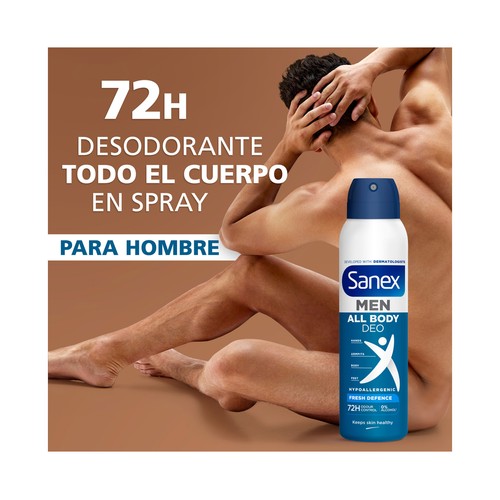 SANEX Men fresh defence Desodorante en spray masculino para todo el cuerpo (manos, axilas, zonas íntimas ...) 150 ml.