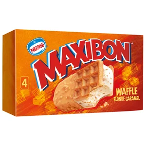 MAXIBON Sándwich de helado de nata con trocitos de azúcar caramelizada, chocolate blanco y caramelo waffle 4 x 140 ml.