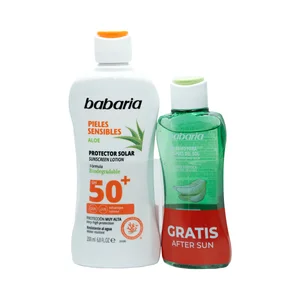 BABARIA Pieles sensibles Protector (leche) solar FPS 50+ (200 ml) y bálsamo after sun (100 ml).
