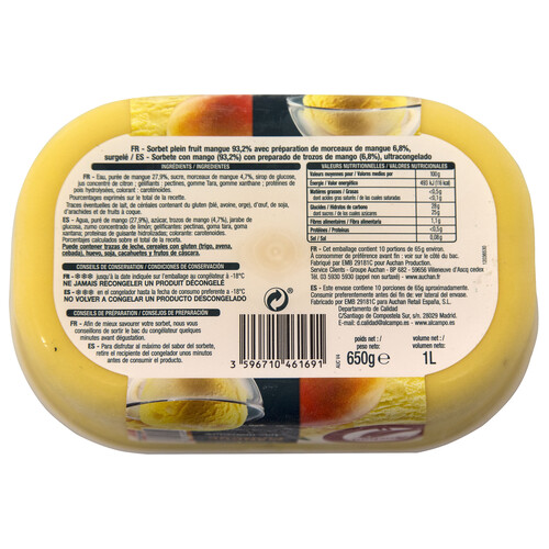 PRODUCTO ALCAMPO Tarrina de sorbete con mango y preparado de trozos de mango PRODUCTO ALCAMPO 1 l.