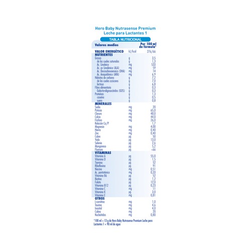 HERO Nutrasense premium Leche (1) de inico para recién nacido, desde el primer día 800 g.