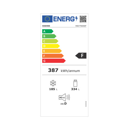 Frigorífico americano HISENSE RS677N4AWF, clasificación energética: F, H: 178,6cm, A: 91cm, F: 64,6cm, capacidad total: 519L.