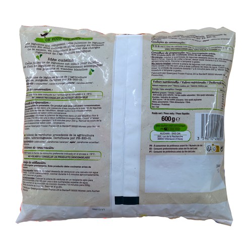 AUCHAN Verduras cortadas en juliana, procedentes de agricultura ecológica 600 g. Producto Alcampo