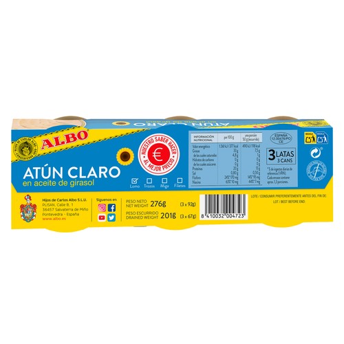 ALBO Atún claro en aceite de girasol 276 g.