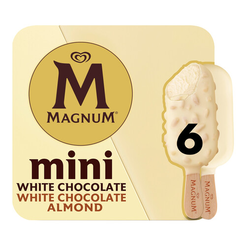 MAGNUM Mini de Frigo Mini bombón helado de vainilla recubierto de chocolate blanco o chocolate almendradro 6 x 55 ml.