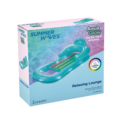 Colchoneta hinchable relax con luz led de colores interior, 1,6x76x58cm SUMMER WAVES.