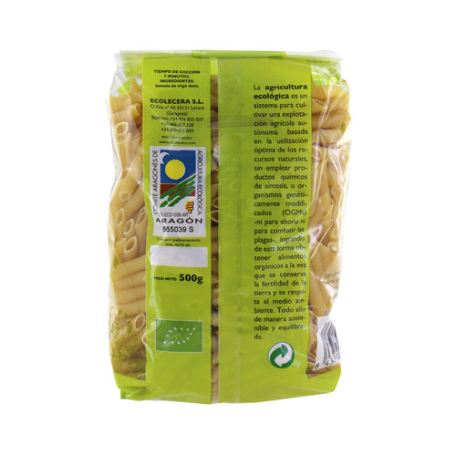 ECOLECERA Pasta macarrones ecológicos, pasta de sémola de trigo duro de calidad superior ECOLECERA 500 g.