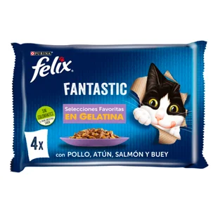 FELIX Comida para gatos adultos a base de buey, pollo, salmón y atún FELIX 4 unidades de 85 g.