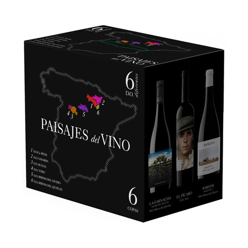 PAISAJES DEL VINO  Estuche con 6 botellas de vino de diferentes denominaciones de origen.