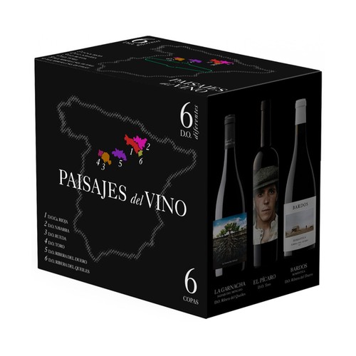 PAISAJES DEL VINO  Estuche con 6 botellas de vino de diferentes denominaciones de origen.