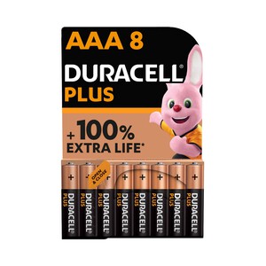 Pack de 8 pilas alcalinas AAA, LR03, 1,5V, DURACELL Plus.