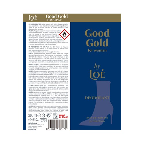 LOÉ Good gold Desodorante en spray para mujer con protección antitranspirante 200 ml.