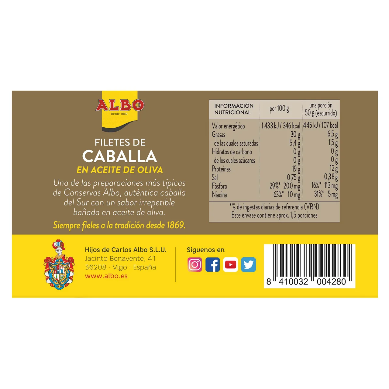 Caballa del sur en aceite de oliva en filetes lata de 85 g.