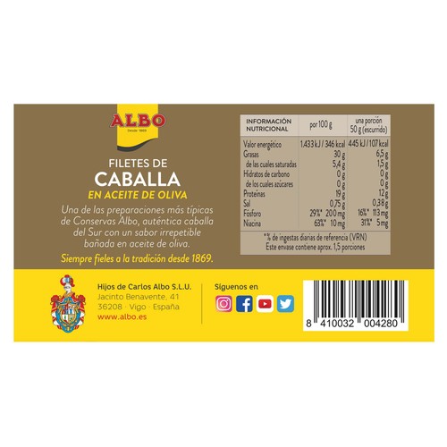 ALBO Caballa del sur en aceite de oliva en filetes lata de 85 g.