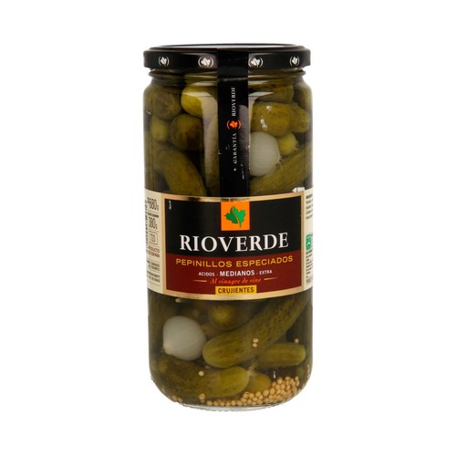 RIOVERDE Pepinillos medianos especiados al vinagre de vino RIOVERDE frasco de 380 g.