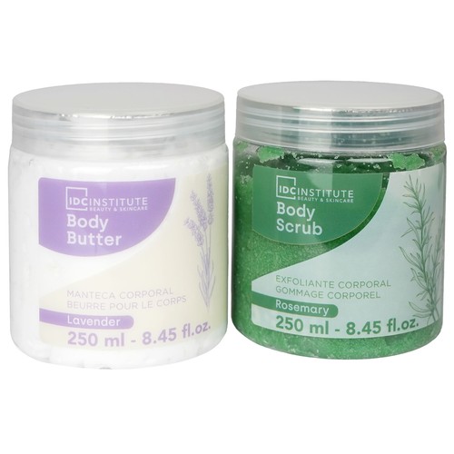 IDC INSTITUTE Natural oil Bandeja con manteca corporal (250 ml) aroma lavanda y exfoliante corporal (250 ml) aroma a romero
