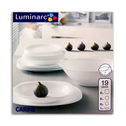 Vajilla 19 piezas de vidrio Opal blanco con forma cuadrada y bordes redondeados, Carine LUMINARC.