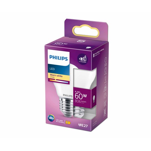 Bombilla Led E27, 6,5W=60W, luz cálida 2700K, 806lm, PHILIPS.