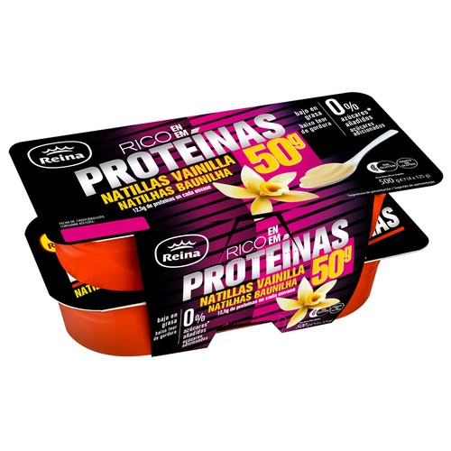 REINA Natillas de vainilla bajas en grasa, sin azúcares añadidos y con alto contenido en proteínas (12.5 g)  4 x 125 g.