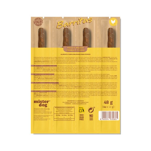 MISTER DOG Barritas para perro con sabor a pollo e hígado 4X12g