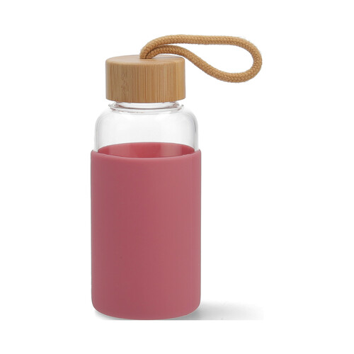 Botella de vidrio 0,3 litros con funda de silicona color rosa y tapa de bambú QUID.