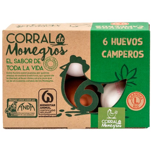 CORRAL DE MONEGROS Huevos de gallinas camperas frescos clases M y L y cat. A  6 uds.