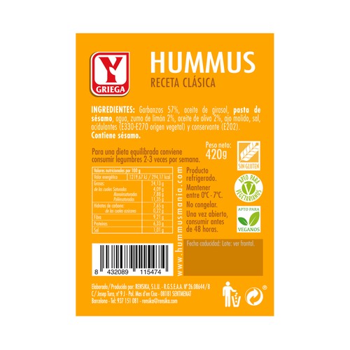 YGRIEGA Hummus receta clásica con alto contenido en fibra YGRIEGA 420 g.