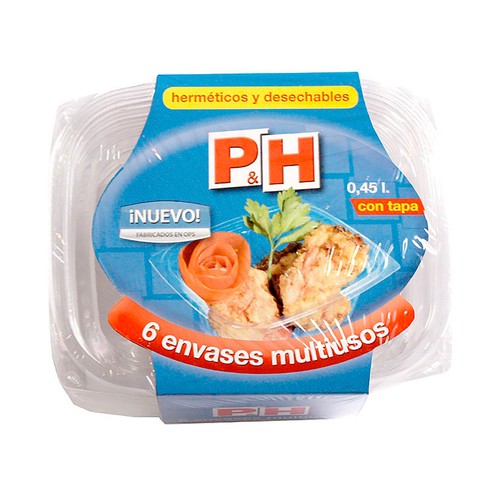 Pack de 6 envases de plástico con tapa de 0,45l, P&H