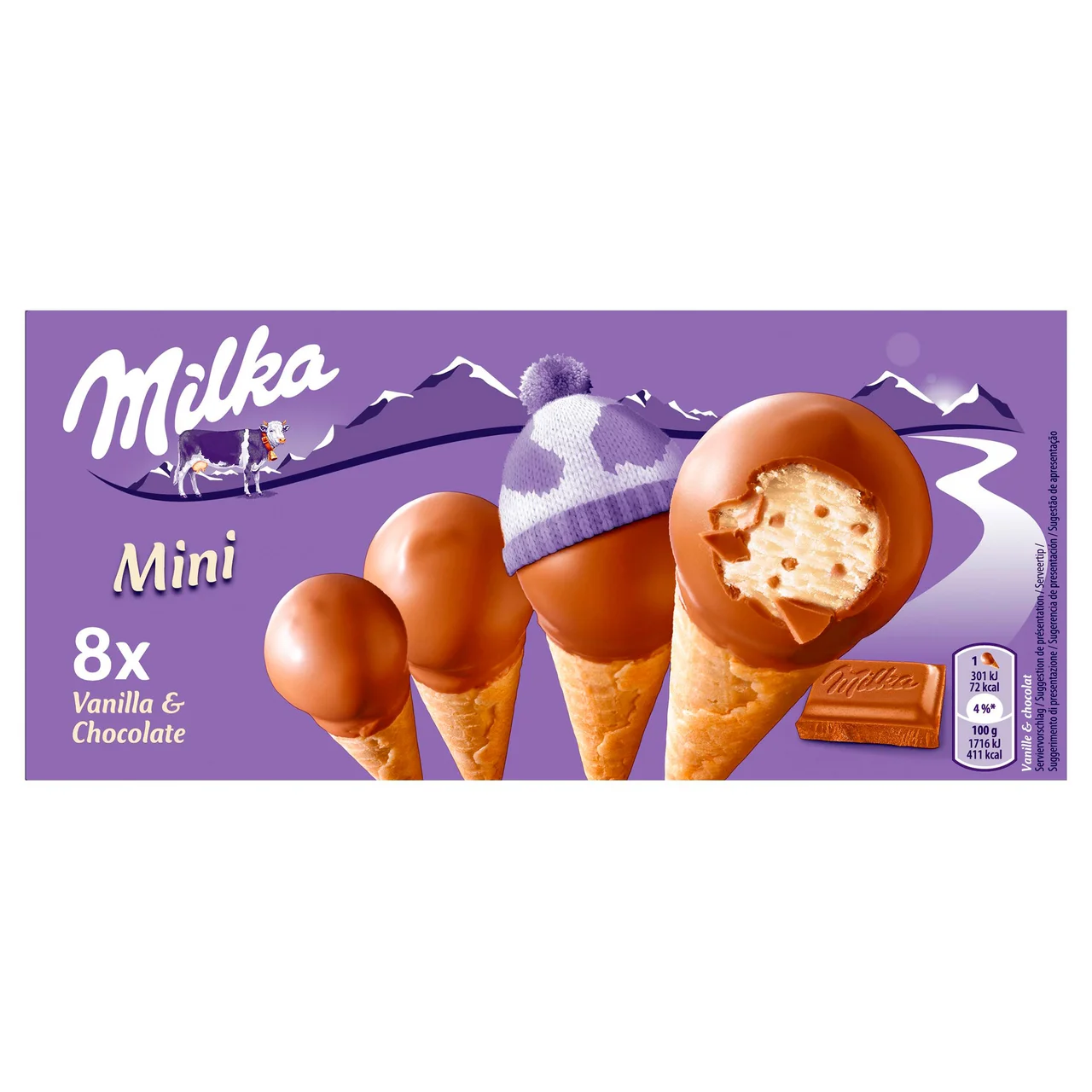 Mini conos de vainilla con trocitos de chocolate con leche y recubiertos de chocolate 8 x 25 ml.