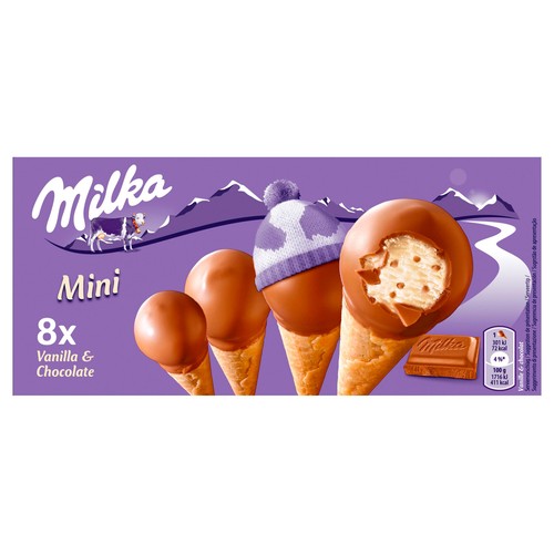 MILKA Mini conos de vainilla con trocitos de chocolate con leche y recubiertos de chocolate 8 x 25 ml.