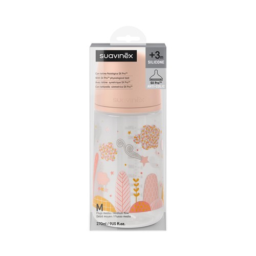 SUAVINEX Biberón de 270 ml., con tetina fisiológica SX Pro de flujo medio, a partir de 3 meses.