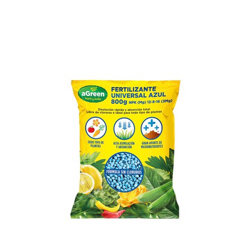 Fertilizante universal azul, de disolución rápida y apto para todo tipo de plantas HA-HUERTO Y JARDÍN 800 gramos.