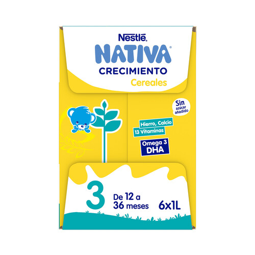 NATIVA Crecimiento de Nestlé Leche (3) de crecimiento con cereales, de 12 a 36 meses 6 x 1 l.