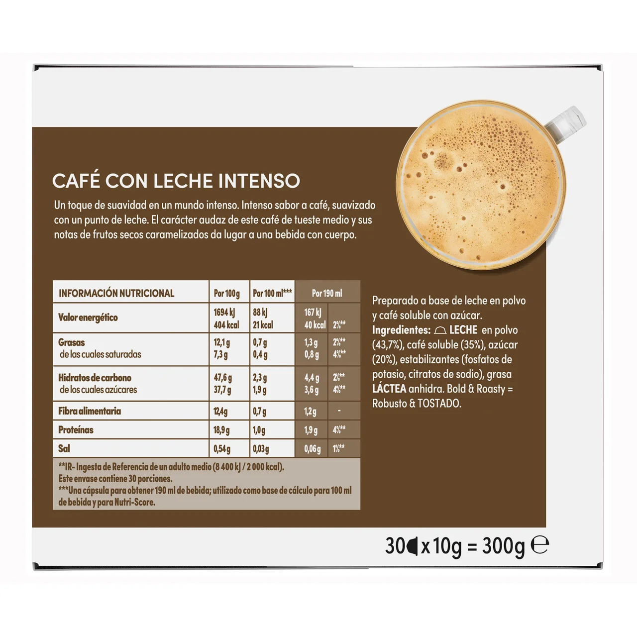 Café intenso con leche en cápsulas 30 uds. 300 g.