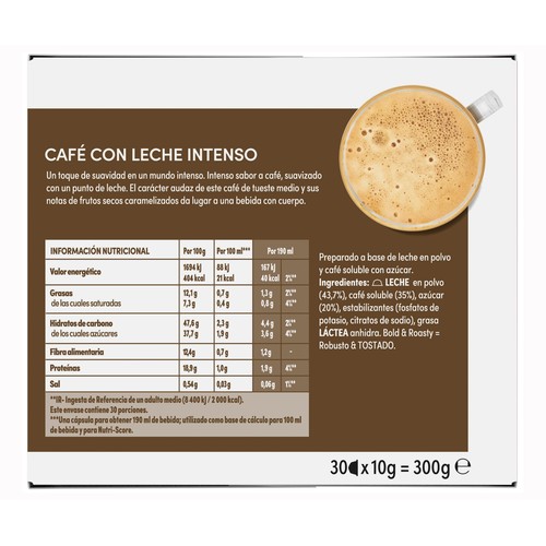 DOLCE GUSTO Café intenso con leche en cápsulas 30 uds. 300 g.