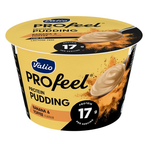 VALIO Natillas con sabor a plátano y toffee sin lactosa, ni azúcares añadidos y con alto contenido en proteínas (18 g) Profeel 185 g.