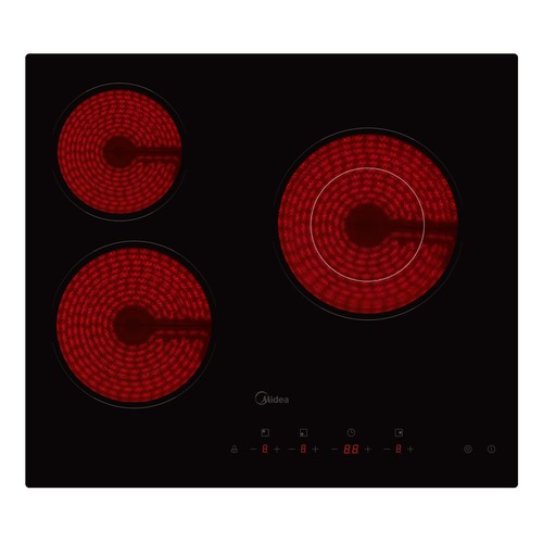 Placa vitrocerámica MIDEA MCH520T239KO,  3 zonas de cocción, potencia: 5200W, zona grande de 23cm, A: 59cm.