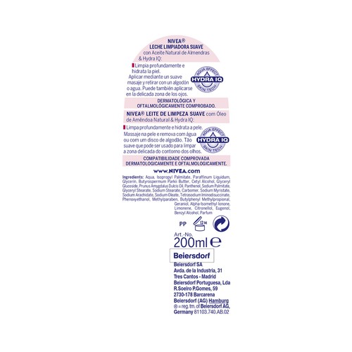 NIVEA Leche facial limpiadora con agua purificada y aceite de almendras, para pieles secas / sensibles NIVEA 200 ml.