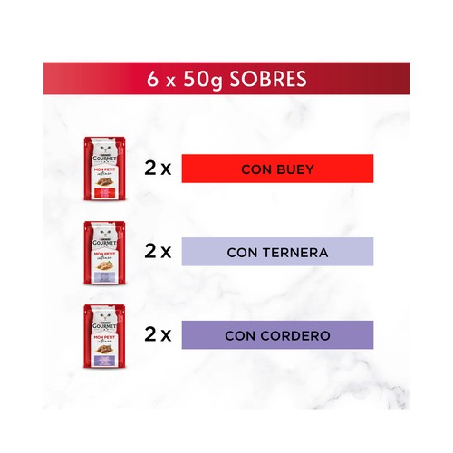 PURINA GOURMET Comida para gatos adultos a base de buey, ternera y cordero GOURMET 6 uds. 50 g.