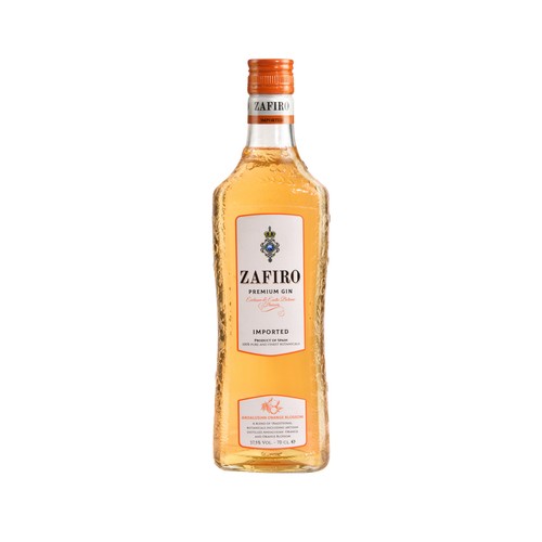 ZAFIRO Ginebra premium naranja, elaborada con naranja y flor de azahar botella 70 cl.