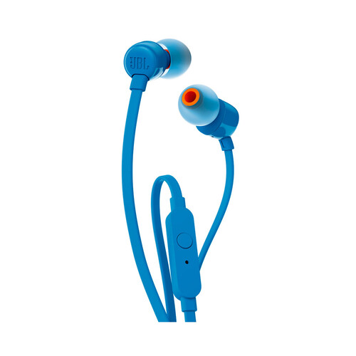 Auriculares tipo intrauditivo JBL T110 con cable, micrófono, color azul.