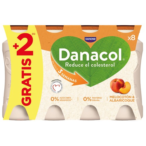 DANACOL de Danone Leche fermentada desnatada con edulcorantes, esteroles vegetales añadidos y sabor melocotón y albaricoque 6 x 96 ml.