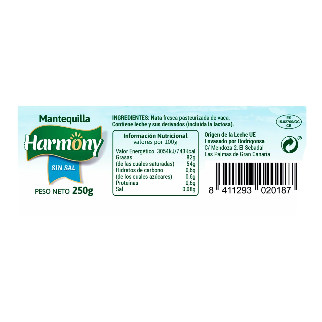 Pastilla de mantequilla sin sal 250 g.