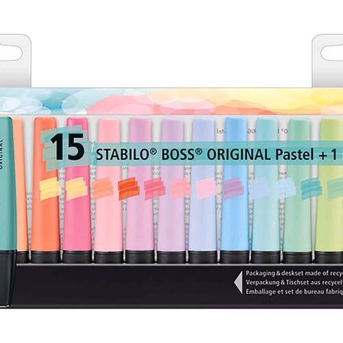 Marcador STABILO BOSS ORIGINAL Pastel - Set de escritorio de 15 unidades.