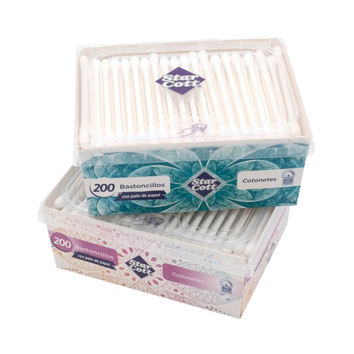 STAR COTT Bastoncillos higiénicos de algodón 100% con palo de papel STAR COTT 200 uds.