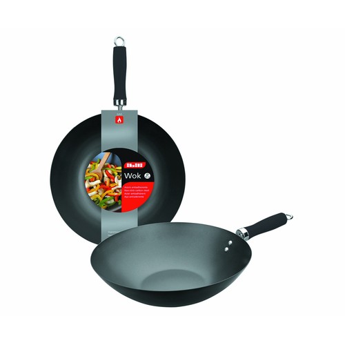 Wok Moka de 30cm. con cuerpo de acero antiadherente y fondo difusor del calor IBILI.