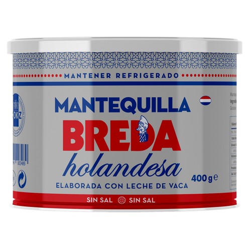 BREDA Lata de mantequilla holandesa sin sal, elaborada con leche de vaca BREDA 400 g.